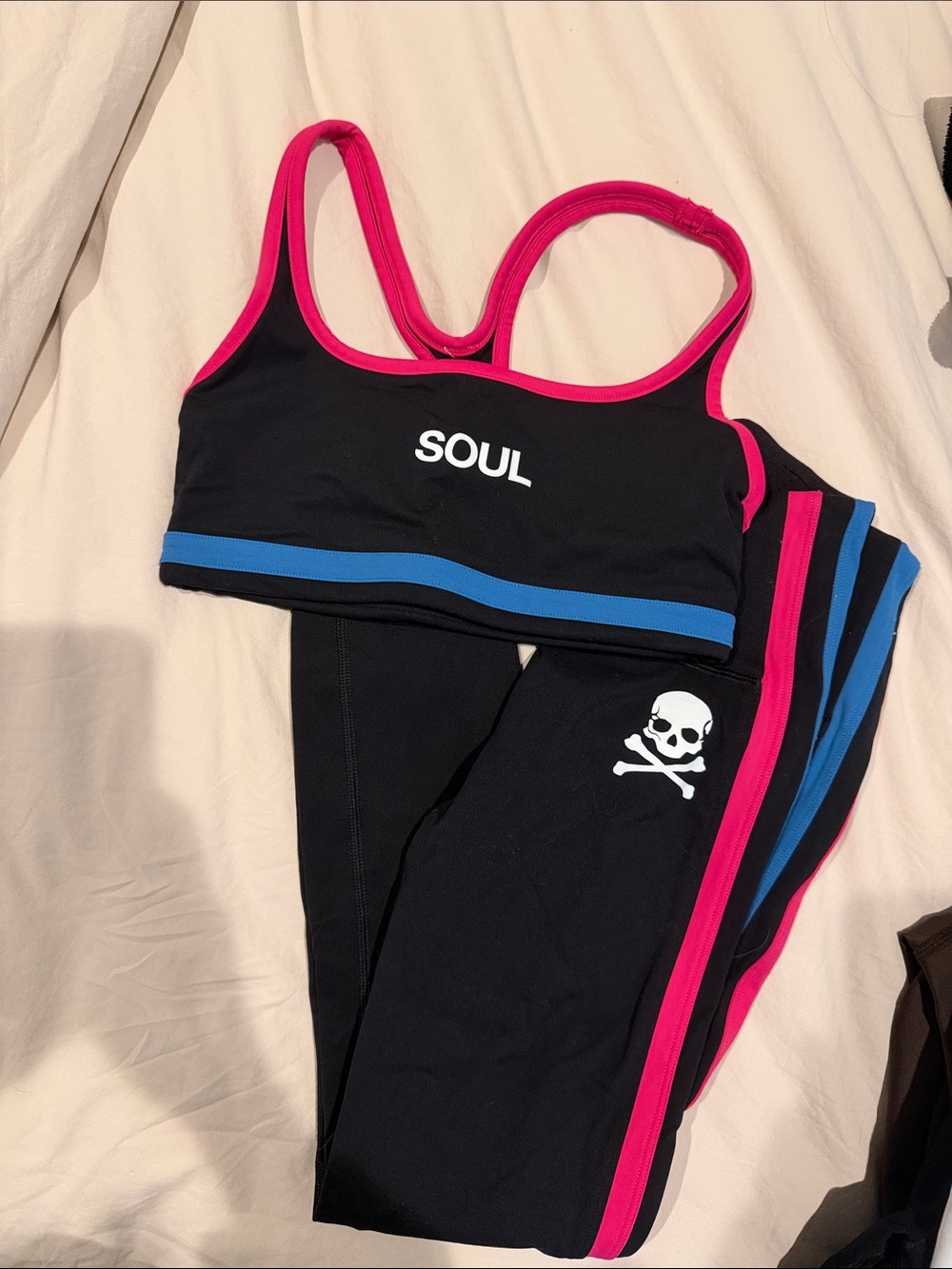 Soulcycle Splits59 Black Sports Bra & Leggings Set with Pink + Blue Trim